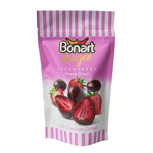 Jm Bonart Dragee Milk Choc. Coated Freeze Dried Strawberry Bag 80Gr (80GR) x 12