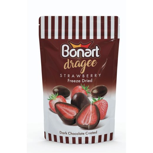 Jm Bonart Dragee Dark Choc. Coated Freeze Dried Strawberry Bag 80Gr (80GR) x 12