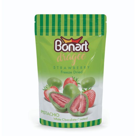 Jm Bonart Dragee White Choc. Coated Freeze Dried Strawberry Bag 80Gr (80GR) x 12